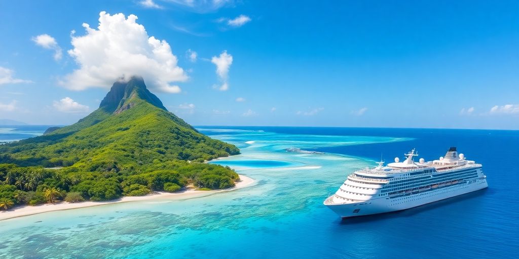Île tropicale avec un navire de croisière dans des eaux turquoise claires.