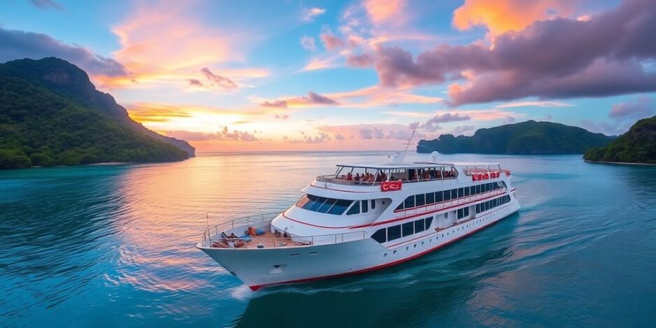 Navire de croisière dans les eaux tropicales avec des îles luxuriantes.