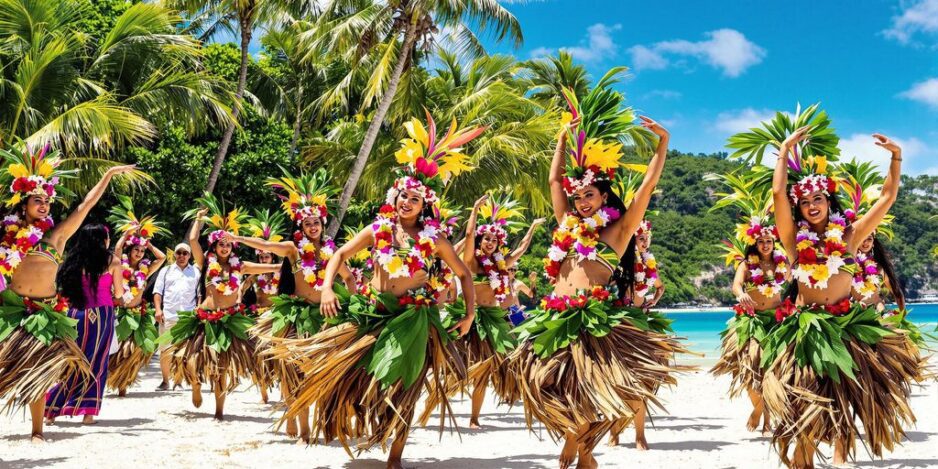 Danseurs polynésiens se produisant sur une plage tropicale.
