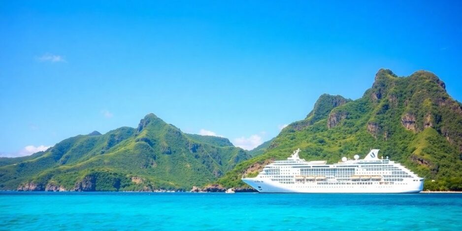 Tropical landscape with cruise ship in the South Pacific.