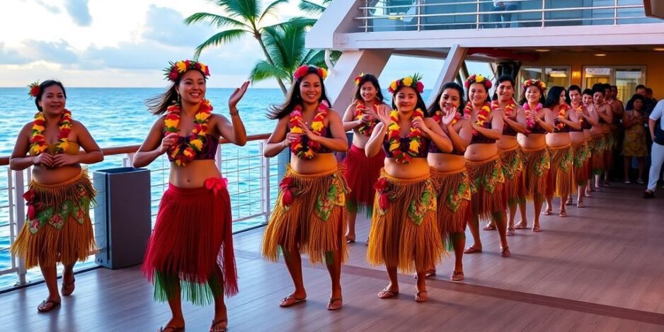 Polynesische Tänzer in bunter Kleidung, die auf einer Kreuzfahrt auftreten.