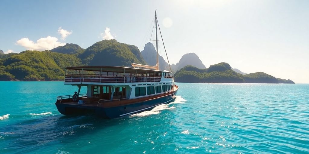 Kleines Schiff segelt in den wunderschönen Gewässern des Südpazifiks.