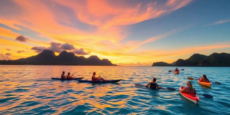 Sunset over French Polynesia with tourists engaging in activities.