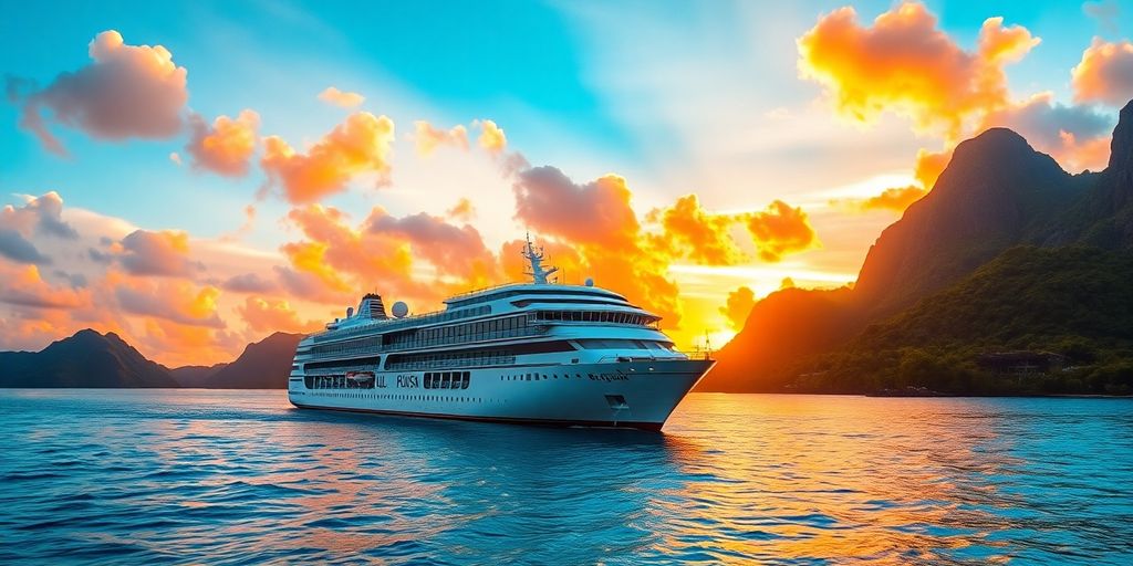 Kreuzfahrtschiff Paul Gauguin in tropischen Gewässern bei Sonnenuntergang.