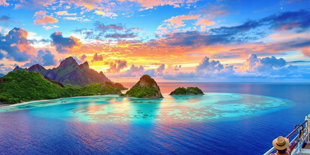 Vue d'une île tropicale avec un voyageur solitaire au coucher du soleil.