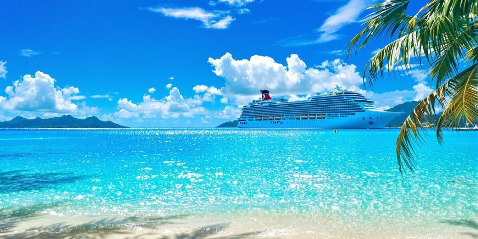Tropical beach in Tahiti with a cruise ship.