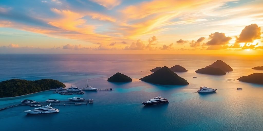 Sunset over turquoise lagoons in French Polynesia.