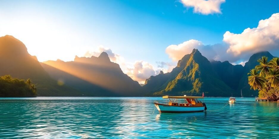 Beautiful sunset over Bora Bora's lagoon and mountains.
