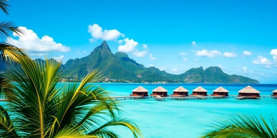 Lagune de Bora Bora avec bungalows sur pilotis et montagnes.