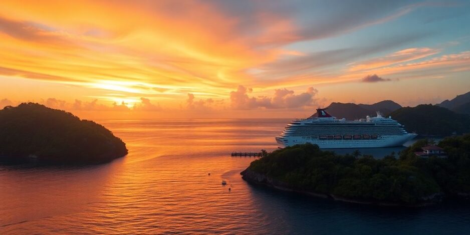 Sonnenuntergang über dem Wasser mit einem Kreuzfahrtschiff in Sicht.