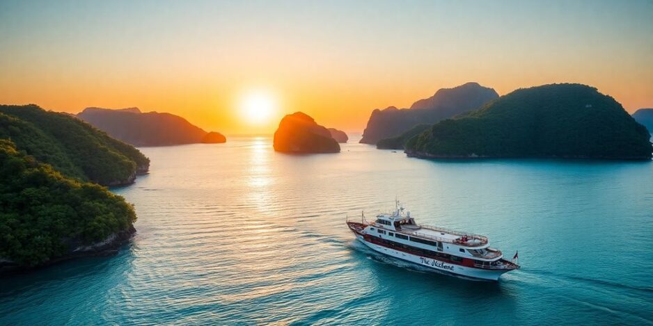 Small ship cruising in tropical waters at sunset.