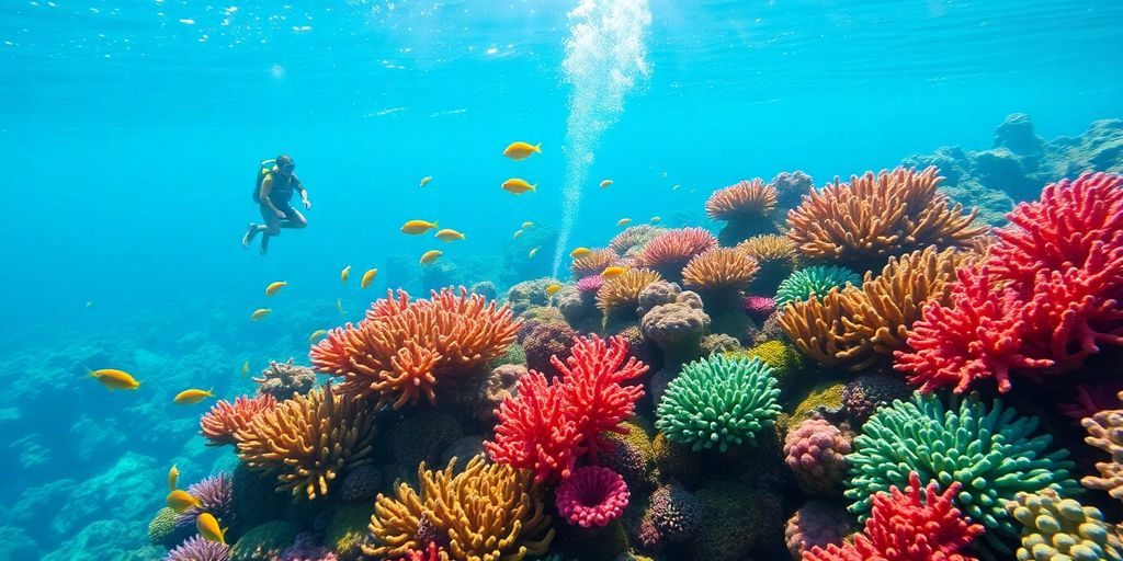 Plongeur explorant des récifs coralliens colorés à Tahiti.