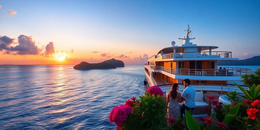Couple en croisière romantique au coucher du soleil.