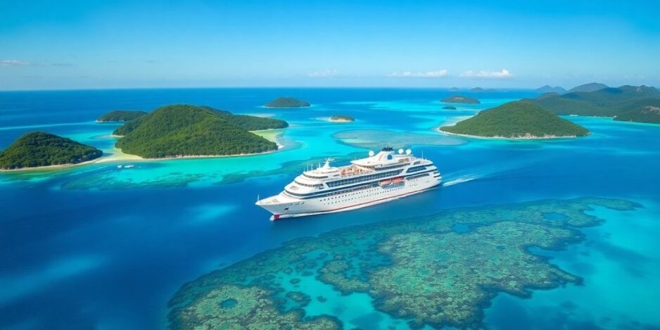 Paul Gauguin cruise ship in clear ocean waters.