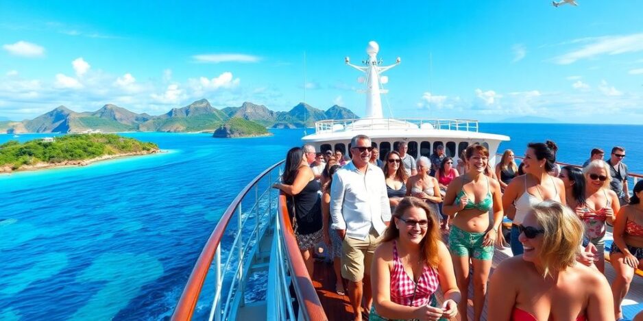 Groupe profitant d'une croisière Paul Gauguin dans un cadre tropical.