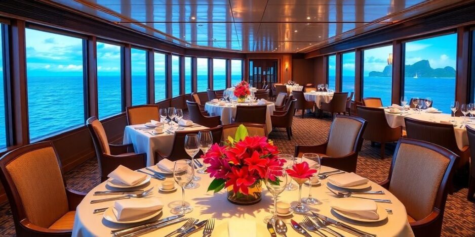 Dining setup on a Paul Gauguin cruise ship.