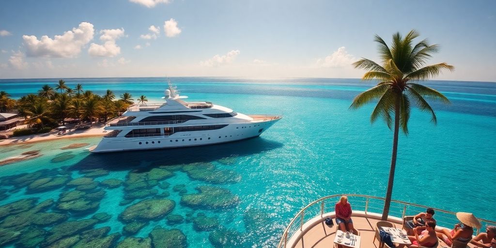 Navire de croisière de luxe dans un paradis tropical avec des eaux cristallines.