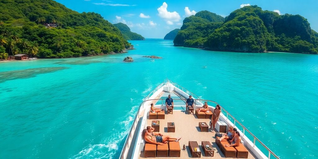 Cruise ship on turquoise waters with palm trees nearby.