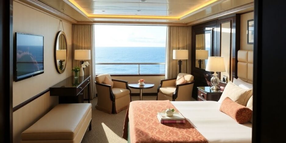 Intérieur de cabine de luxe sur un navire de croisière Paul Gauguin.