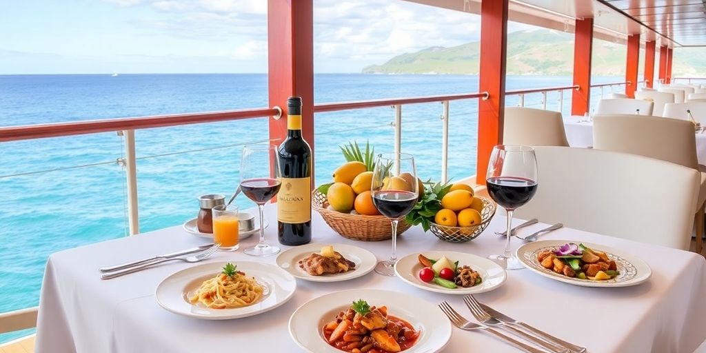 Gourmet dining setup on a cruise with ocean backdrop.