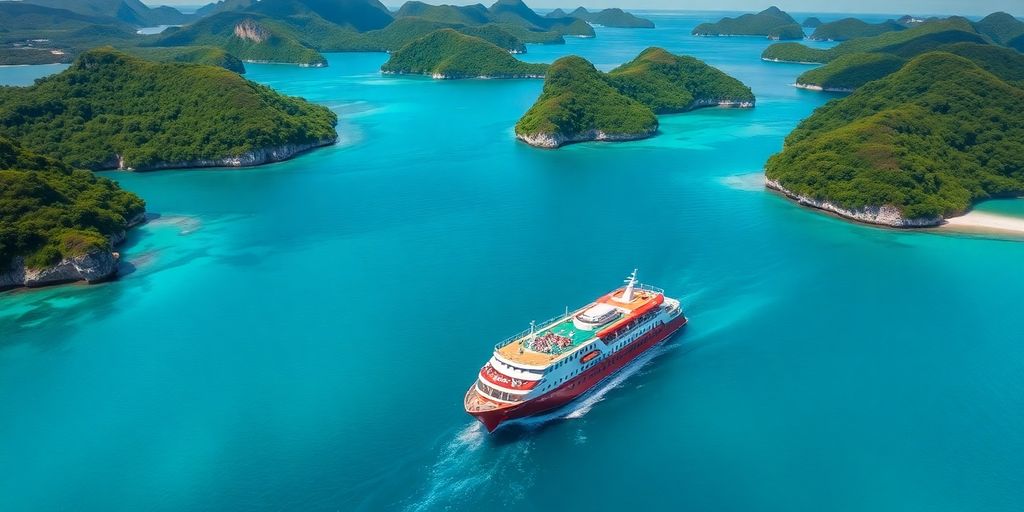 Cruise ship in turquoise waters with lush green islands.