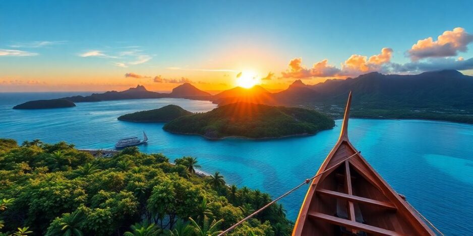 Îles polynésiennes luxuriantes avec des eaux turquoise et un coucher de soleil.