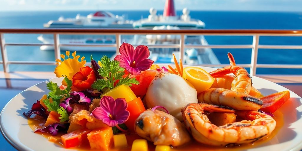Colorful Polynesian dish on a cruise ship deck.