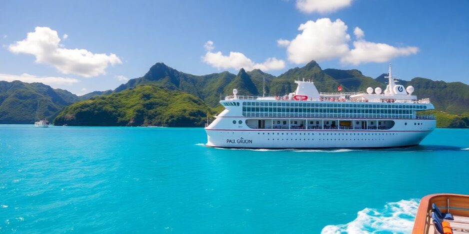 Cruise ship in turquoise waters near lush Polynesian islands.