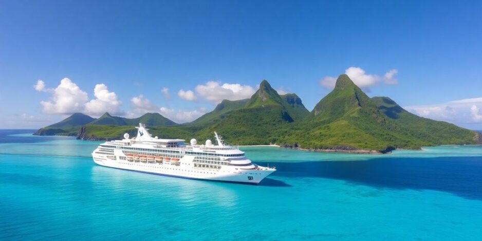 Tropische Landschaft mit einem Paul Gauguin Kreuzfahrtschiff.