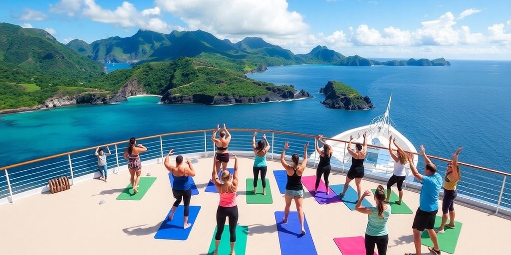 Guests participating in a fitness class on a cruise ship.