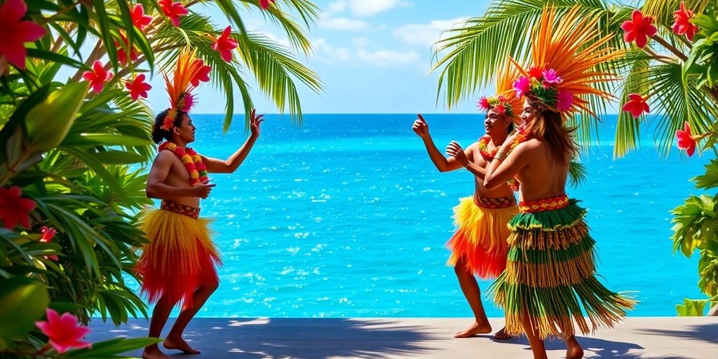 Polynesian dancers in colorful costumes by the ocean.