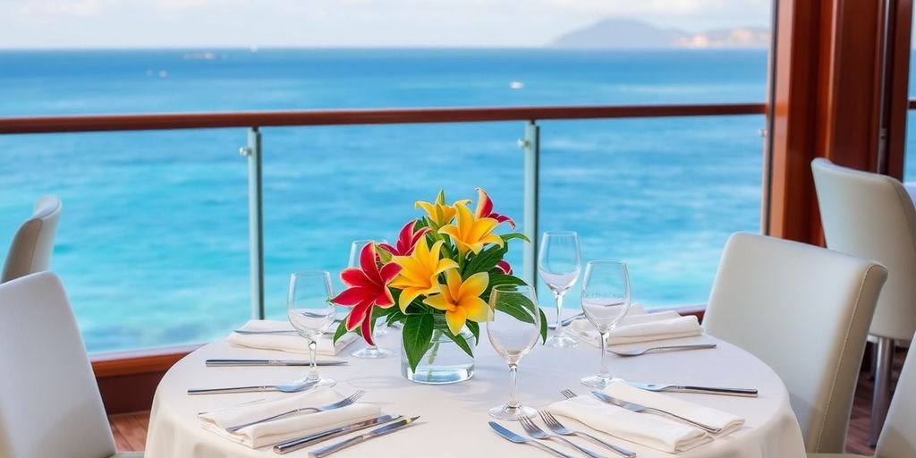 Elegant dining table with ocean view on cruise ship.