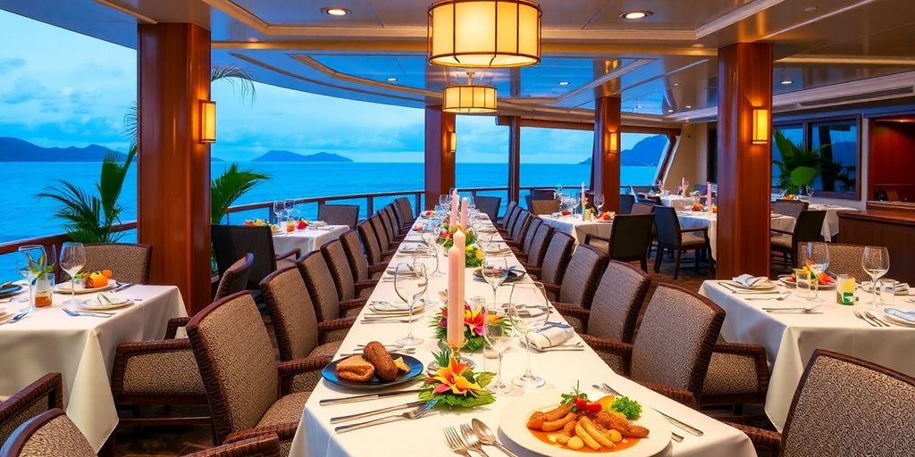 Elegant dining setup on a Paul Gauguin cruise ship.