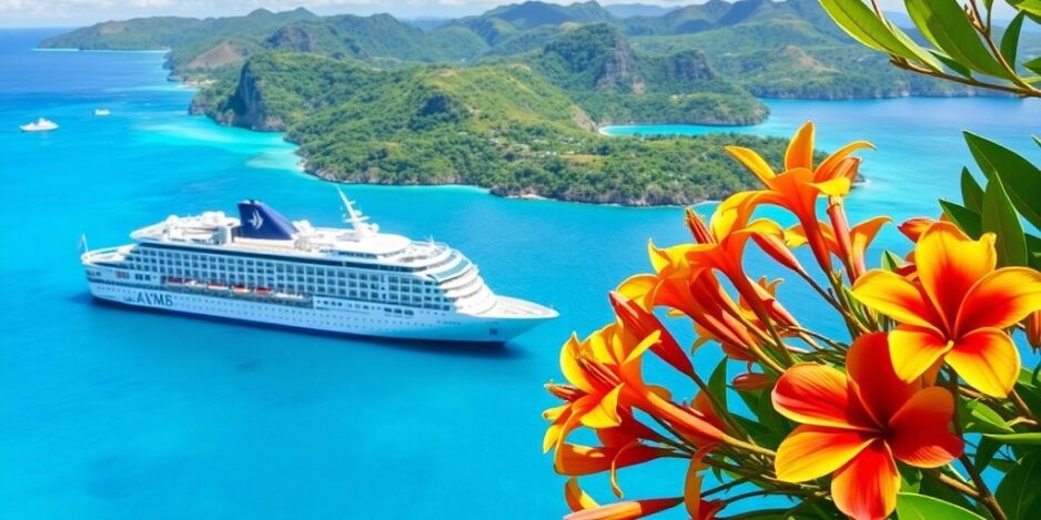 Cruise ship in turquoise waters of Polynesia.