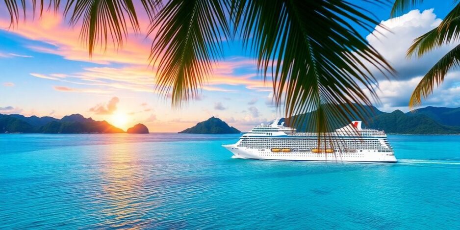 Sunset over water with a cruise ship in Polynesia.