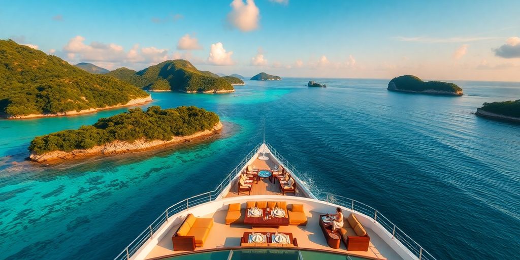Luxury cruise ship with tropical islands at sunset.